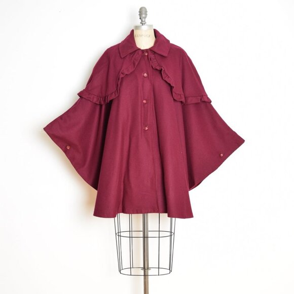 vintage 60s cape coat burgundy wool ruffle caplet jacket tiered Sherlock draped - Picture 1 of 11